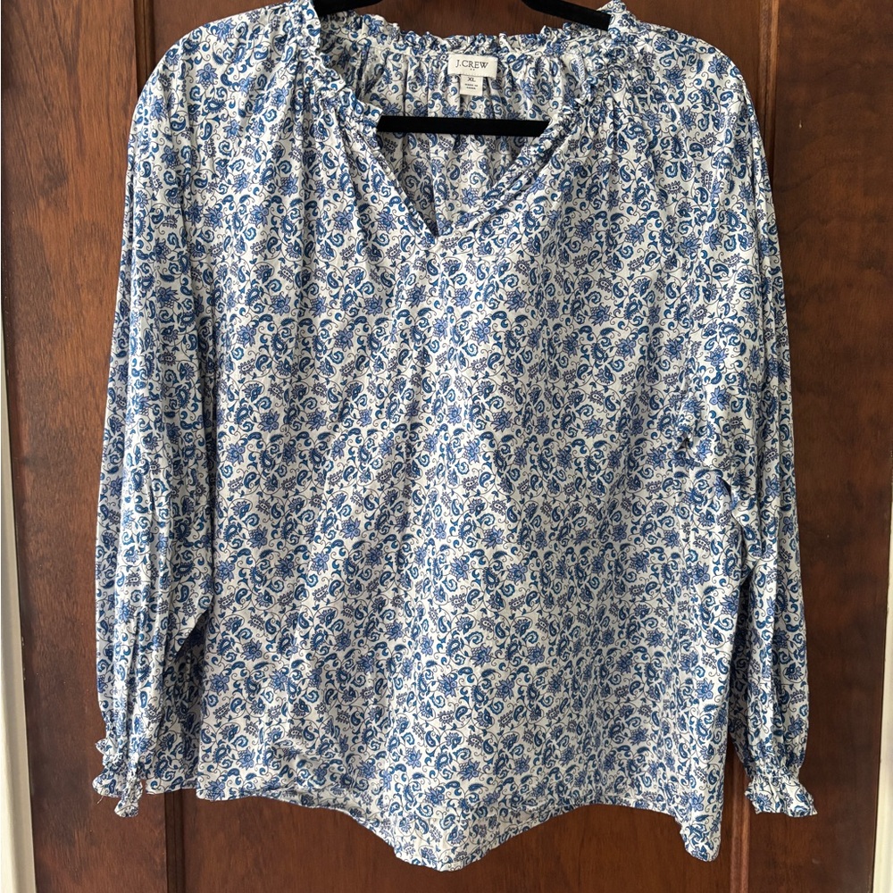 J. Crew Blue and White Patterned Blouse